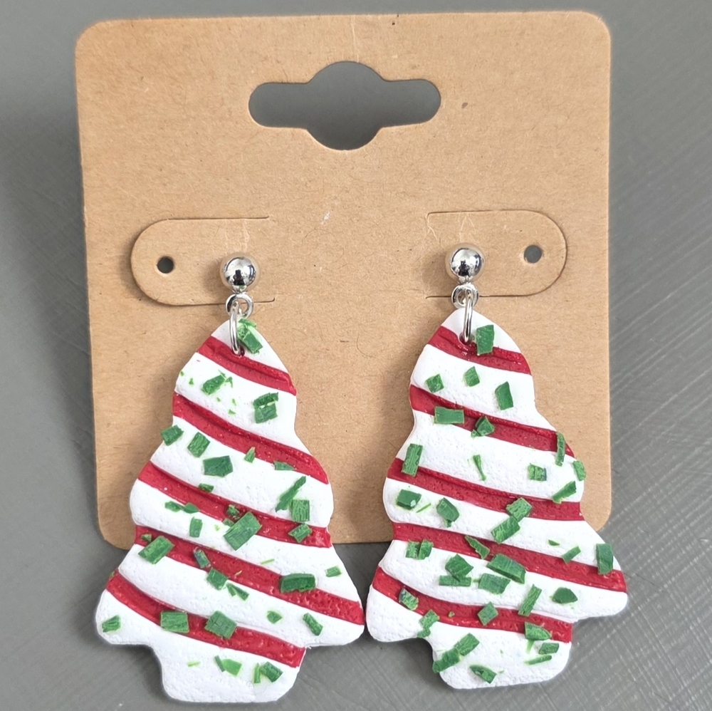 White Christmas Tree Clay Ball Post Dangle Earrings